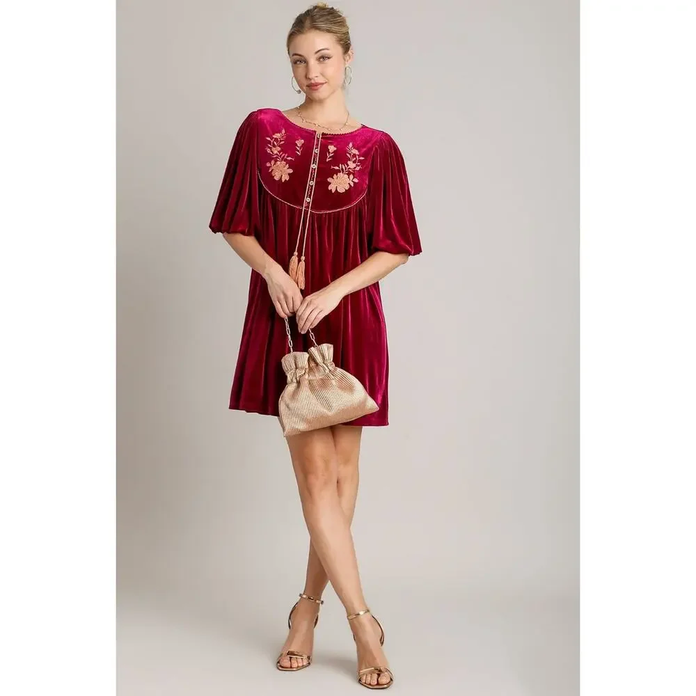 Umgee Embroidered Half Sleeve Velvet Mini Dress with Tassel - R00658 - Size S - Picture 4 of 4